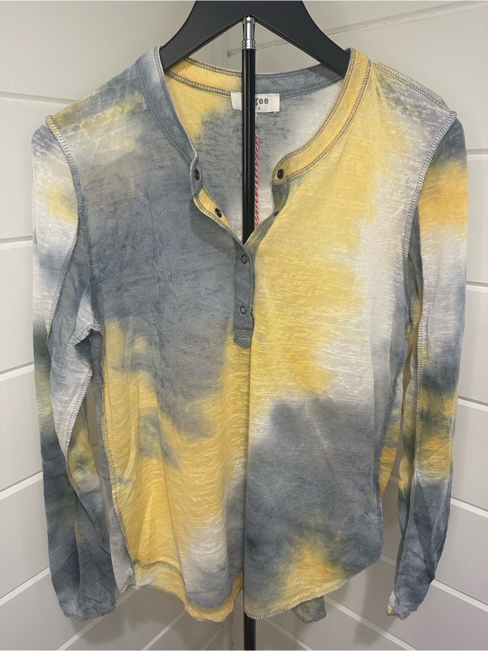 Umgee Tie-Dye Long Sleeve Henley Top - Yellow/Gray - NWT Size S